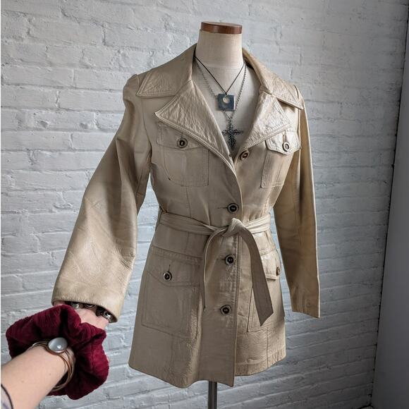 Vintage Jackets & Blazers - 70s Vintage White Genuine Leather Trench Coat Minimalist Boho Moto Biker Jacket